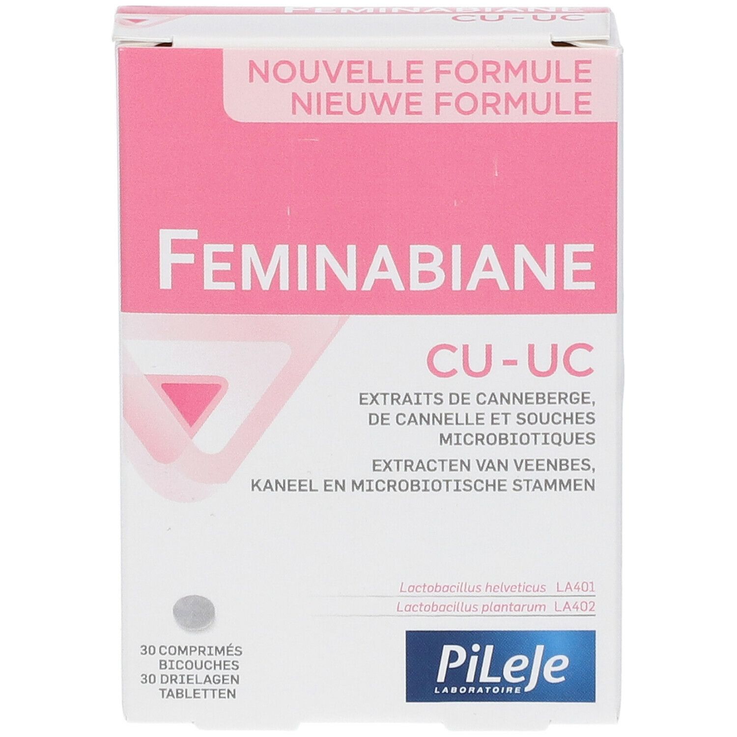 FEMINABIANE CU-UC verpakking. Roze en witte doos met productnaam en ingrediënten. 30 tabletten. Pileje logo.