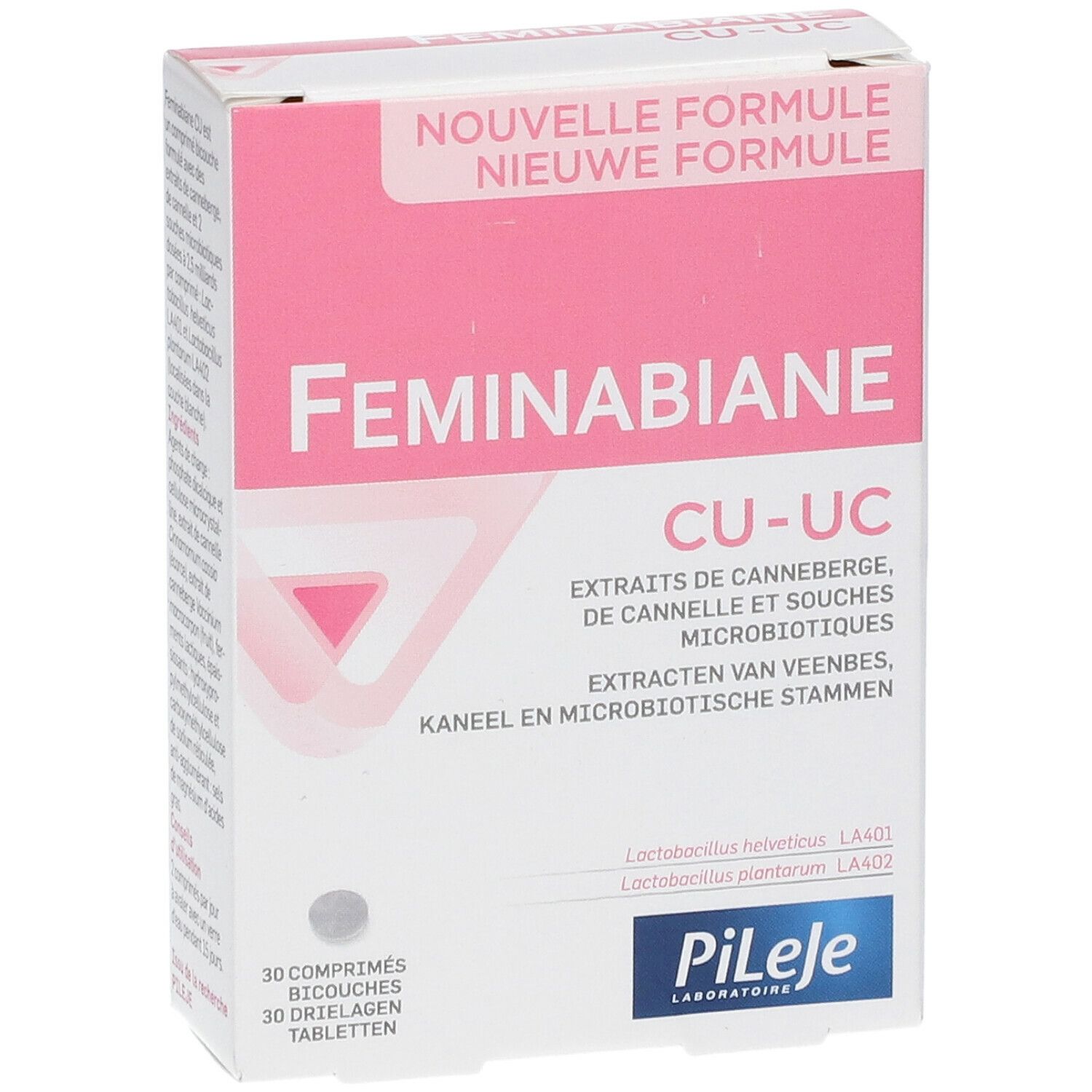 FEMINABIANE CU-UC verpakking. Roze en witte doos met productnaam en ingrediënten. 30 tabletten. Pileje logo.