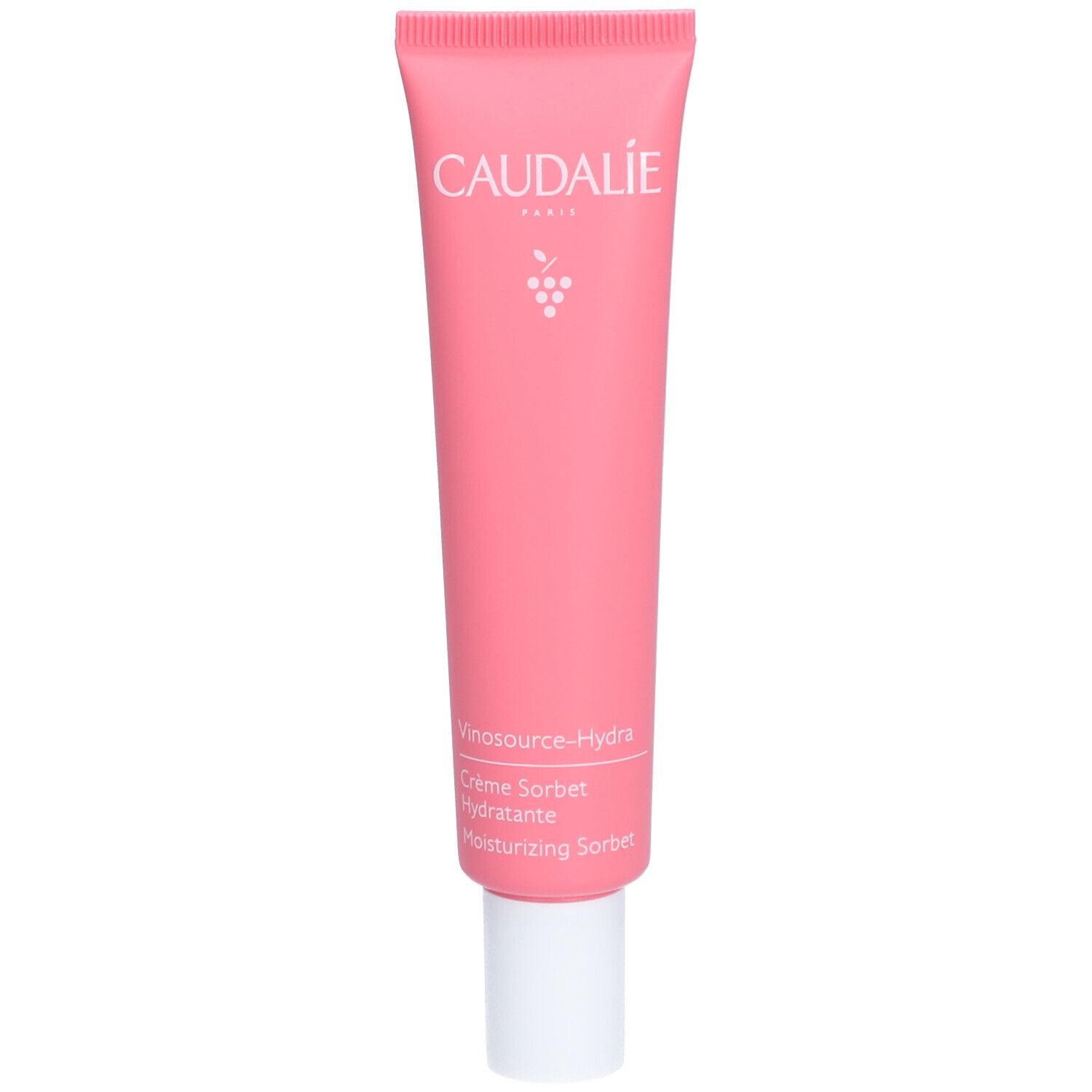 Rosa Tube mit weißem Verschluss. Schriftzug CAUDALIE und Trauben-Logo. Vinosource-Hydra Crème Sorbet Hydratante.