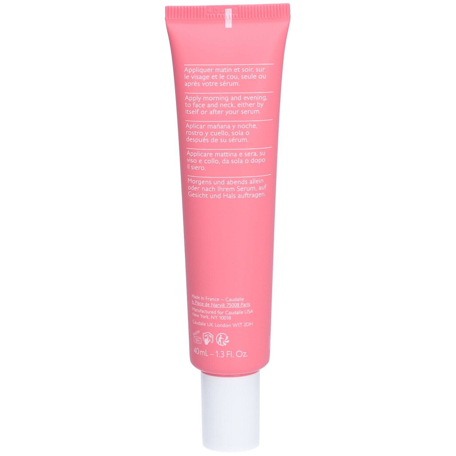 Rückseite der rosa Tube. Text in mehreren Sprachen. CAUDALIE-Logo und Adresse. Volumen: 40ml - 1.3 FL. OZ.