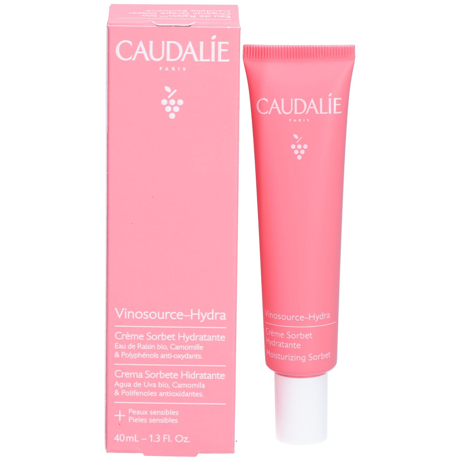 Rosa Schachtel und Tube. CAUDALIE-Logo und Trauben-Logo. Vinosource-Hydra Crème Sorbet Hydratante. 40ml - 1.3 FL. OZ.