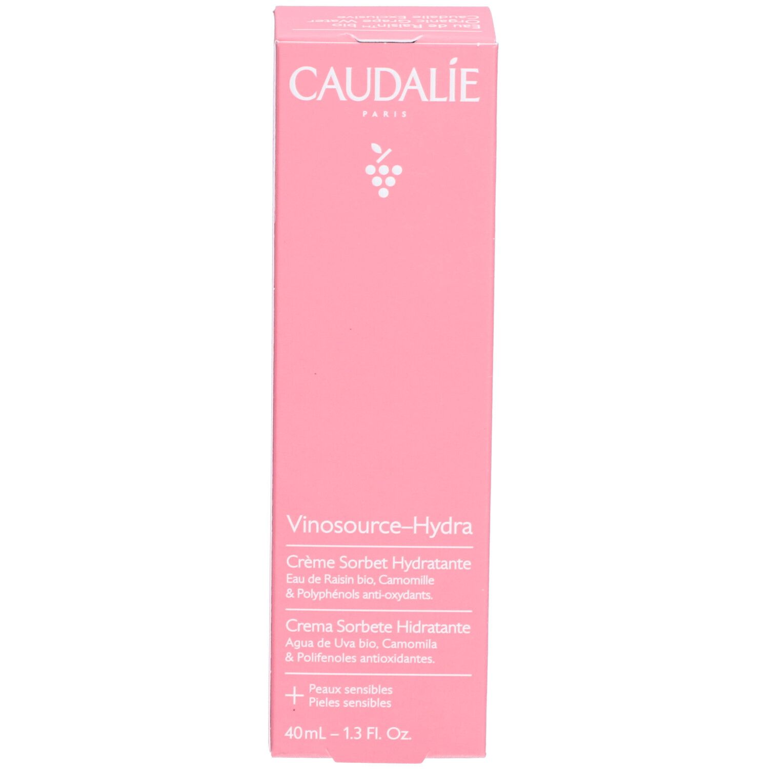 Rosa Schachtel. CAUDALIE-Logo und Trauben-Logo. Vinosource-Hydra Crème Sorbet Hydratante. 40ml - 1.3 FL. OZ.