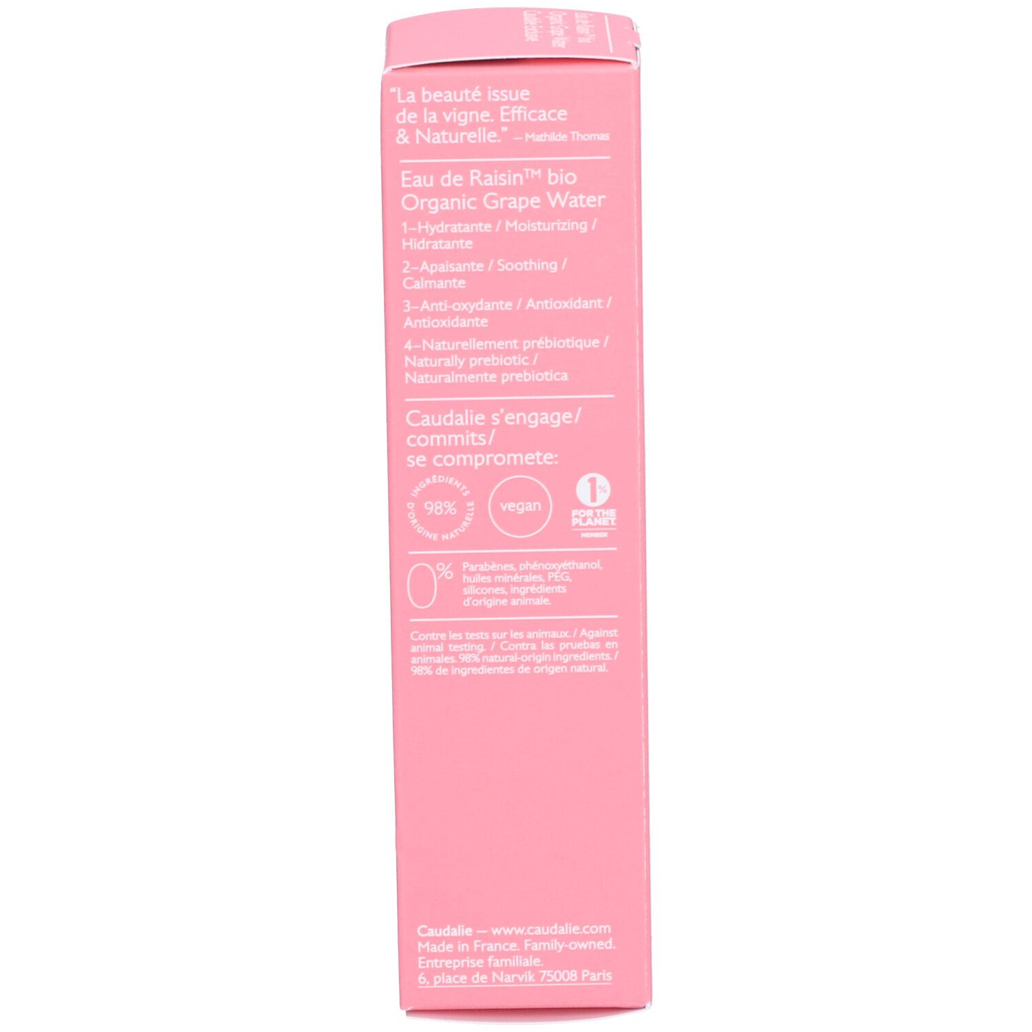 Rosa Schachtel, Seite. Text über Inhaltsstoffe und Zertifizierungen. CAUDALIE-Logo. Vegan-Zertifizierung.