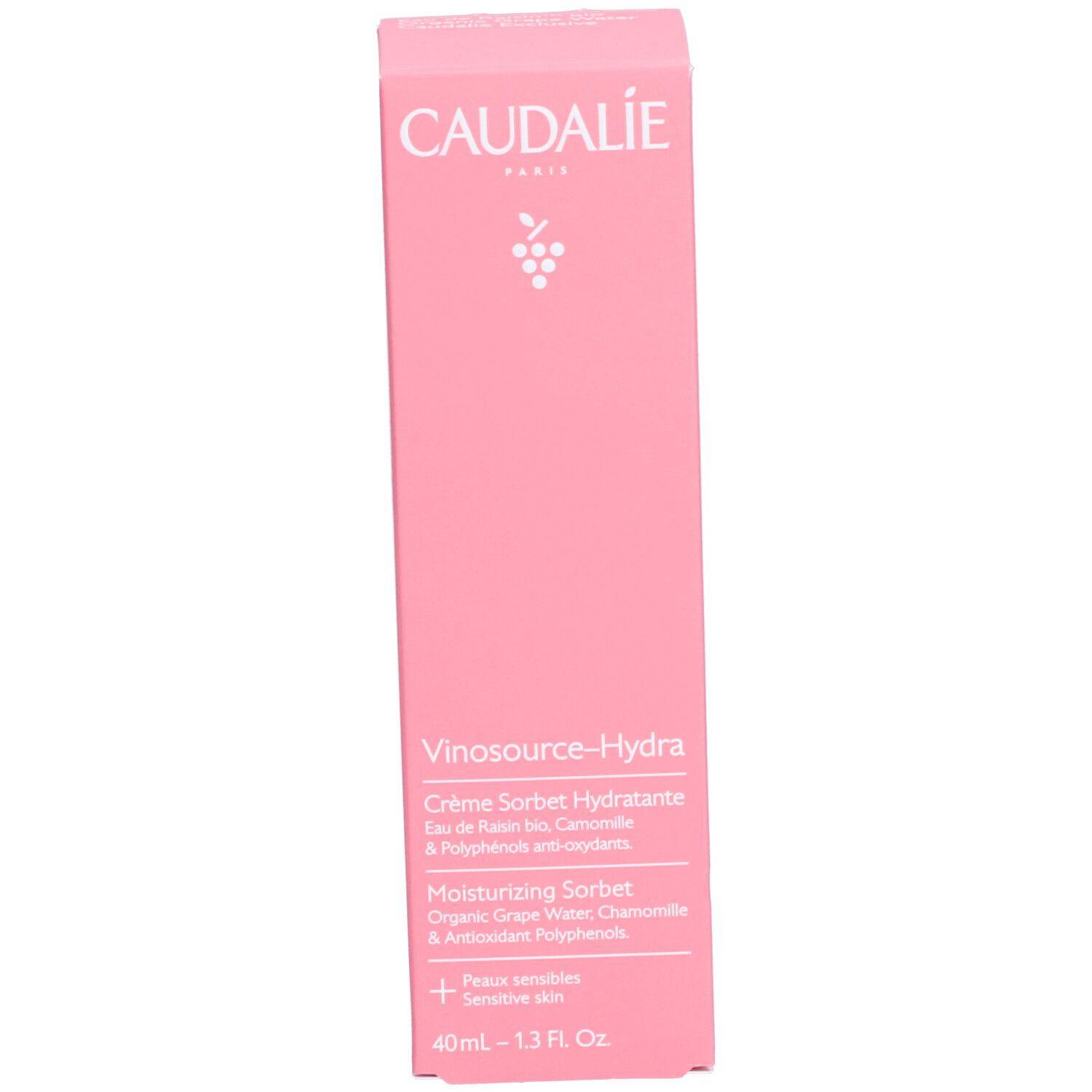 Rosa Schachtel. CAUDALIE-Logo und Trauben-Logo. Vinosource-Hydra Crème Sorbet Hydratante. 40ml - 1.3 FL. OZ.