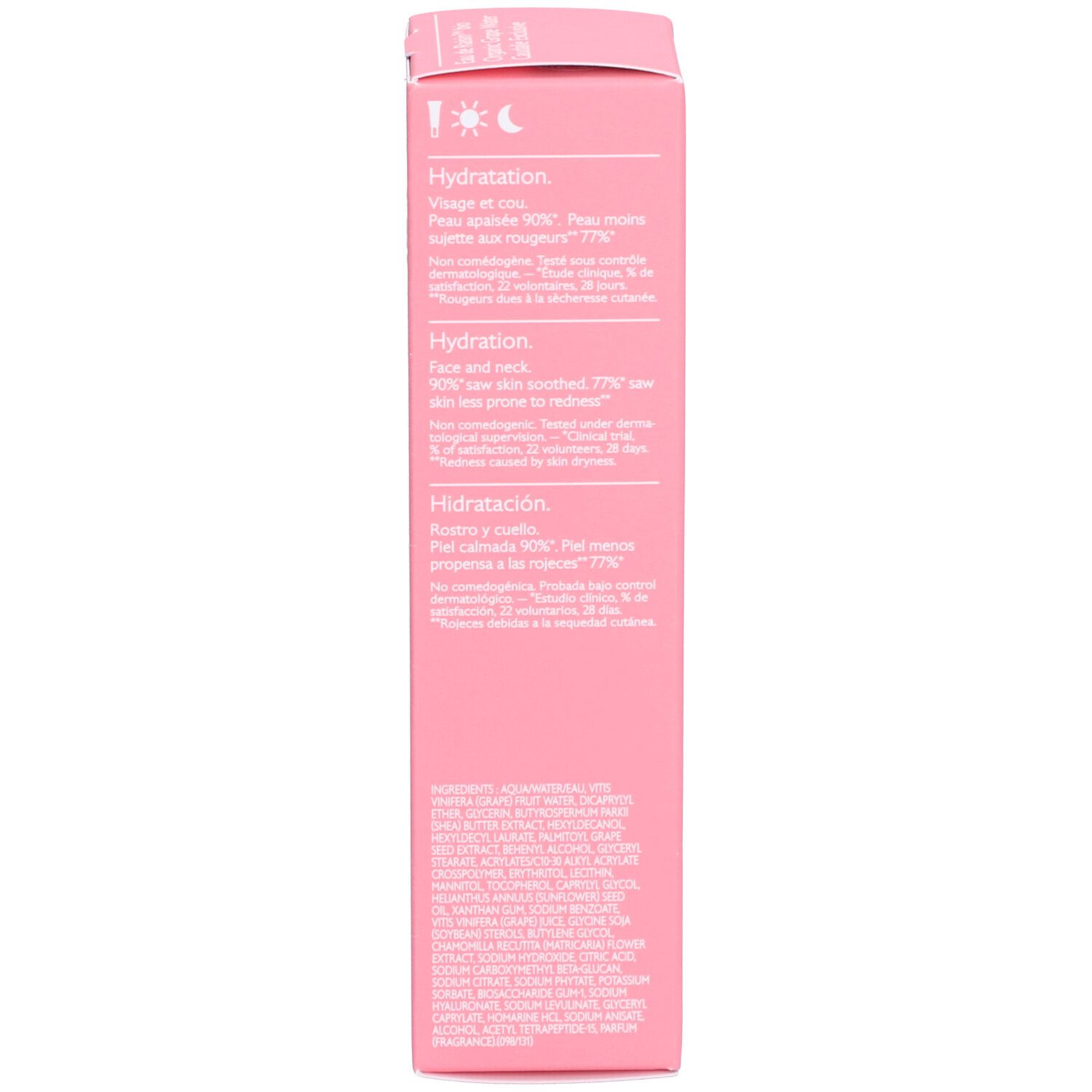 Rosa Schachtel, Seite. Text über Hydratation. Inhaltsstoffe. CAUDALIE-Logo und Adresse.
