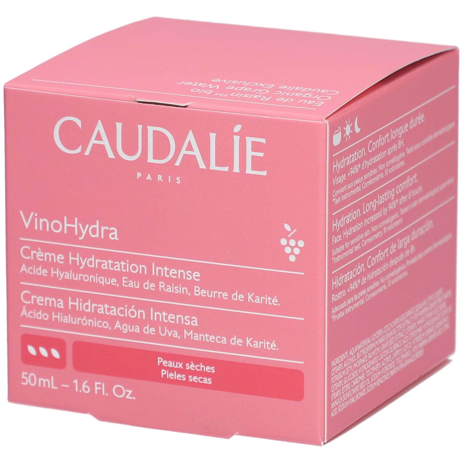 Rosa Caudalie-Verpackung. Text: Vinosource-Hydra Crème Hydratation Intense. Für trockene Haut. 50ml - 1.6 Fl. Oz.