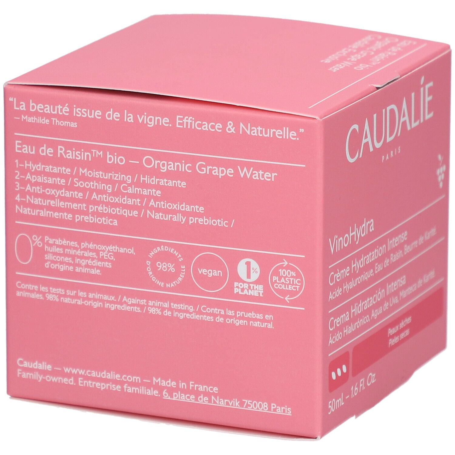 Rosa Caudalie-Verpackung. Text: Eau de Raisin bio - Organic Grape Water. 98% natürliche Inhaltsstoffe. Vegan. 100% recyceltes Plastik.