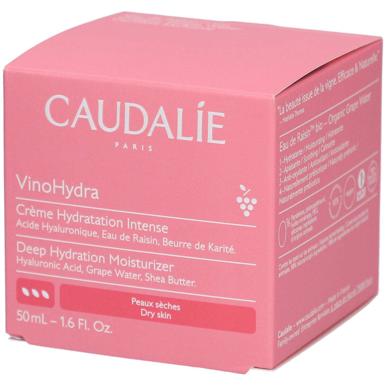 Rosa Caudalie-Verpackung. Text: Vinosource-Hydra Crème Hydratation Intense. Deep Hydration Moisturizer. Für trockene Haut. 50ml - 1.6 Fl. Oz.