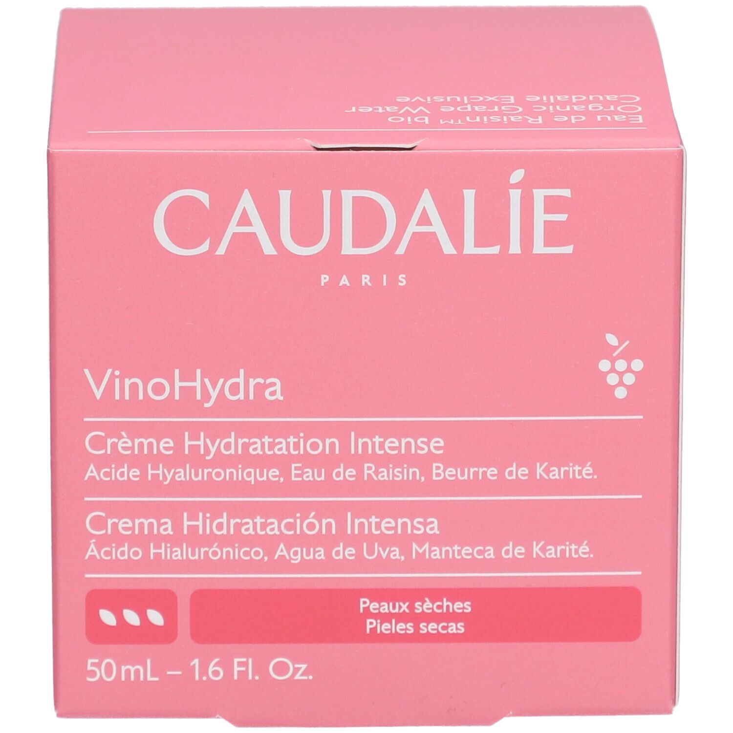 Rosa Caudalie-Verpackung. Text: Vinosource-Hydra Crème Hydratation Intense. Für trockene Haut. 50ml - 1.6 Fl. Oz.