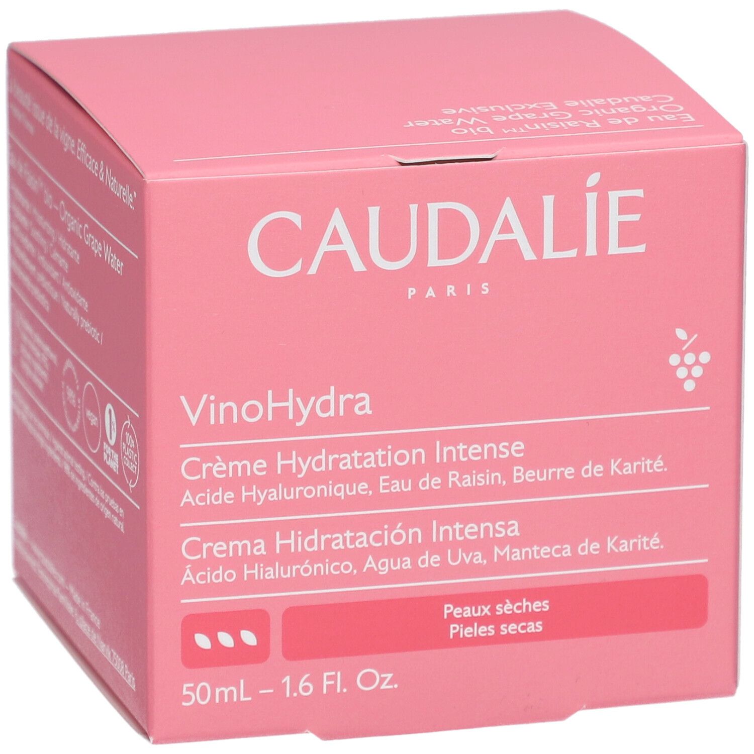 Rosa Caudalie-Verpackung. Text: Vinosource-Hydra Crème Hydratation Intense. Für trockene Haut. 50ml - 1.6 Fl. Oz.
