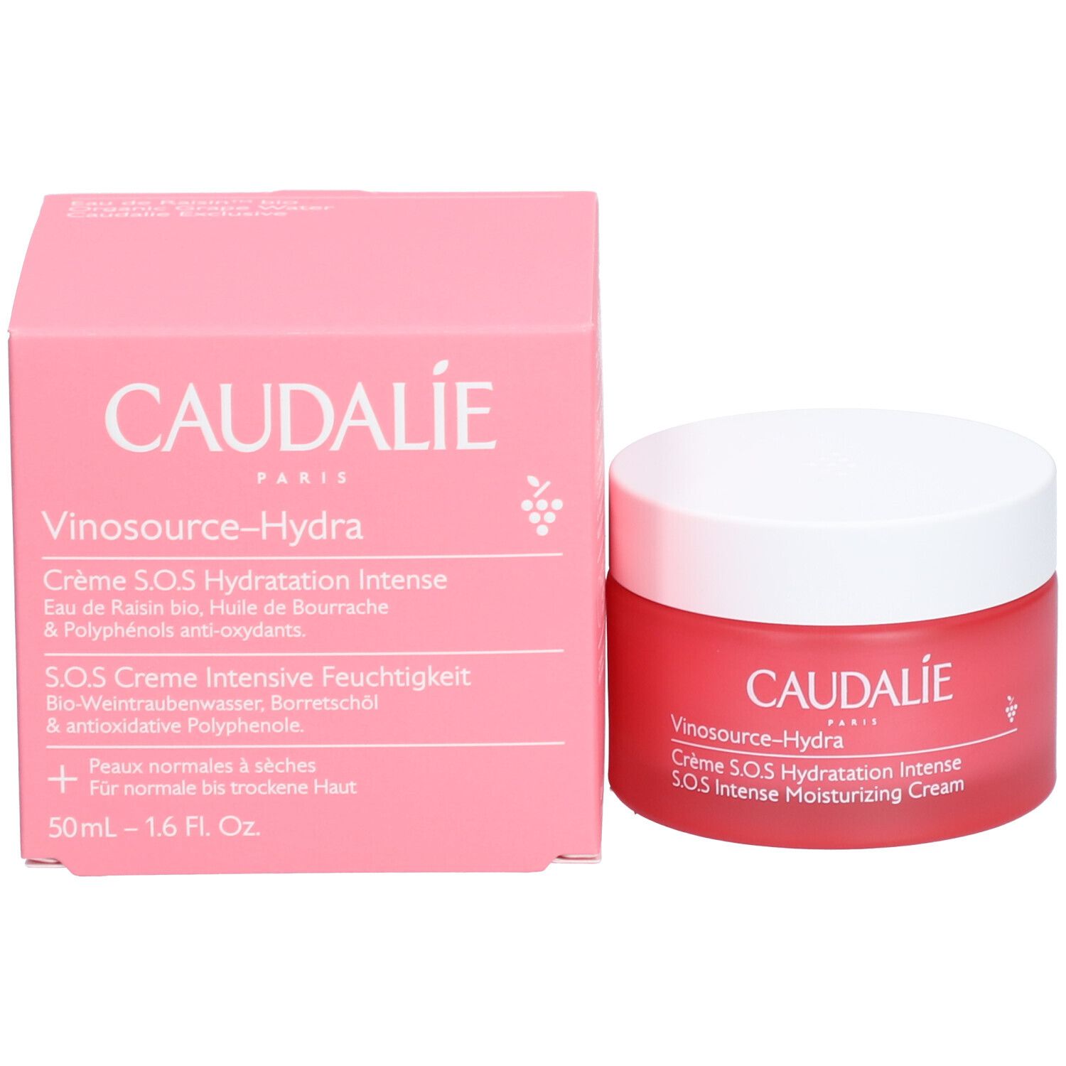 Caudalie Vinosource-Hydra Creme und Verpackung. Rosa Creme-Tiegel und rosa Karton. Text: Crème S.O.S Hydratation Intense. 50ml - 1.6 Fl. Oz.