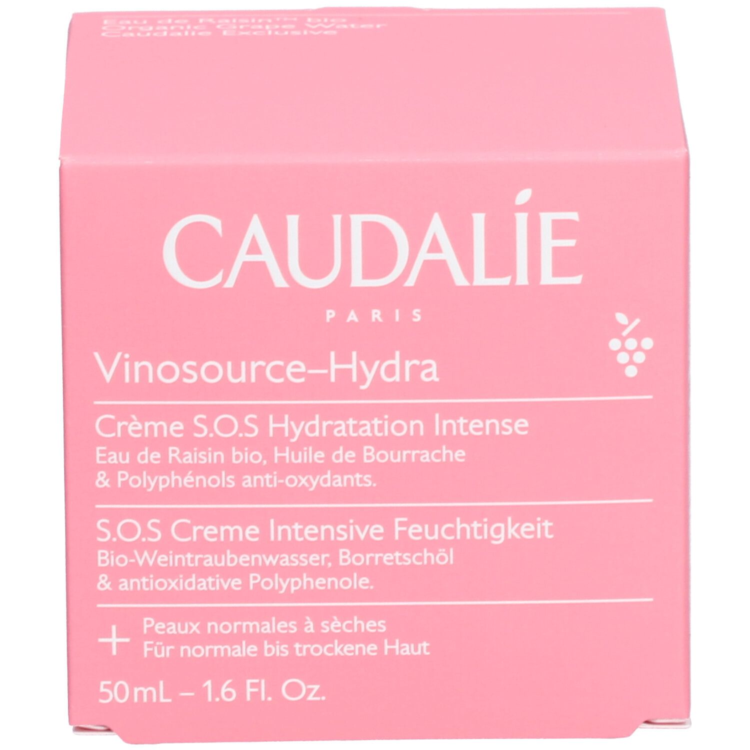 Rosa Caudalie-Verpackung. Text: Vinosource-Hydra Crème S.O.S Hydratation Intense. Für normale bis trockene Haut. 50ml - 1.6 Fl. Oz.