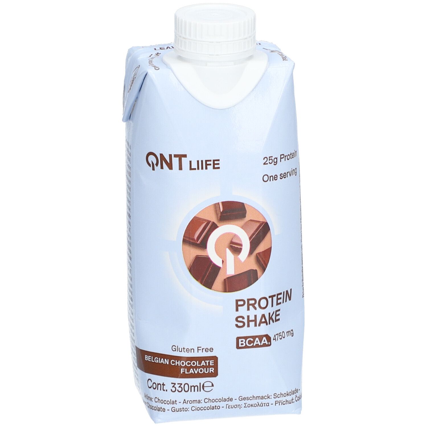 Brique de boisson bleu clair avec bouchon blanc. Logo QNT, 25g protéines, Protein Shake, goût chocolat belge.