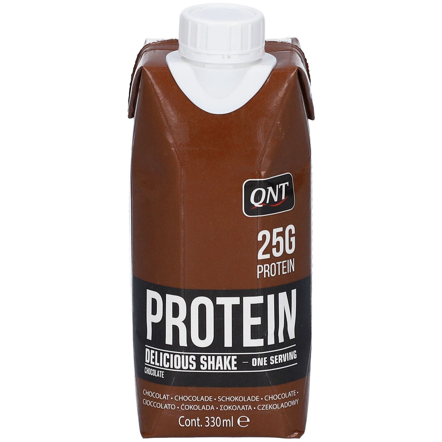 Brique de boisson marron avec bouchon blanc. Logo QNT, 25g protéines, Protein Delicious Shake, goût chocolat. 330ml.