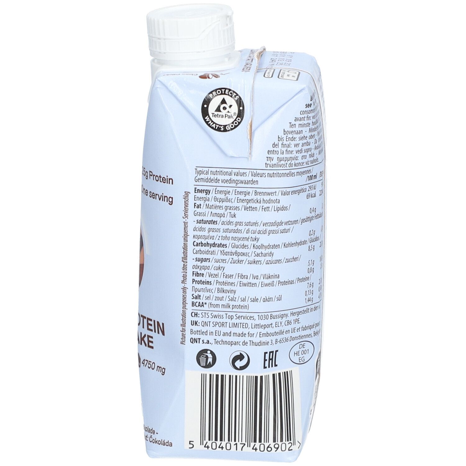 Dos de la brique bleu clair. Informations nutritionnelles, logo QNT, Protein Shake, goût chocolat belge.