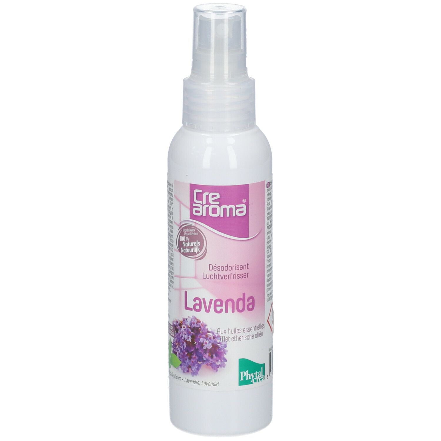 Flacon spray blanc avec étiquette violette. Inscription: Cre aroma, Lavenda, 100% naturels. Illustration de lavande.
