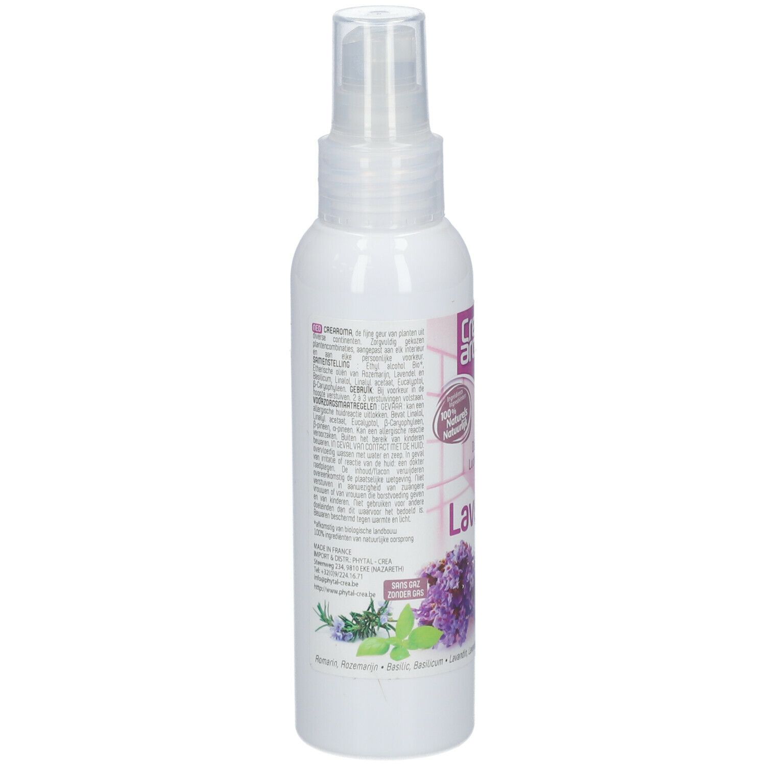 Flacon spray blanc avec texte. Inscription: Cre aroma, Lavenda. Illustration d'herbes. Texte en plusieurs langues.