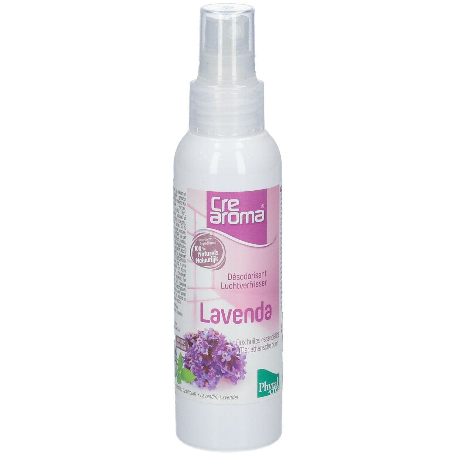 Flacon spray blanc avec étiquette violette. Inscription: Cre aroma, Lavenda, Desodorisant. Illustration de lavande.