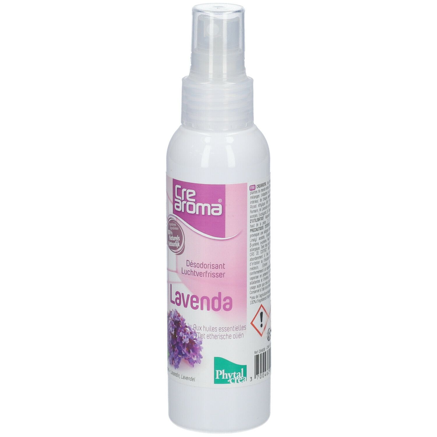 Flacon spray blanc avec étiquette violette. Inscription: Cre aroma, Lavenda, Desodorisant. Avec symboles de sécurité.