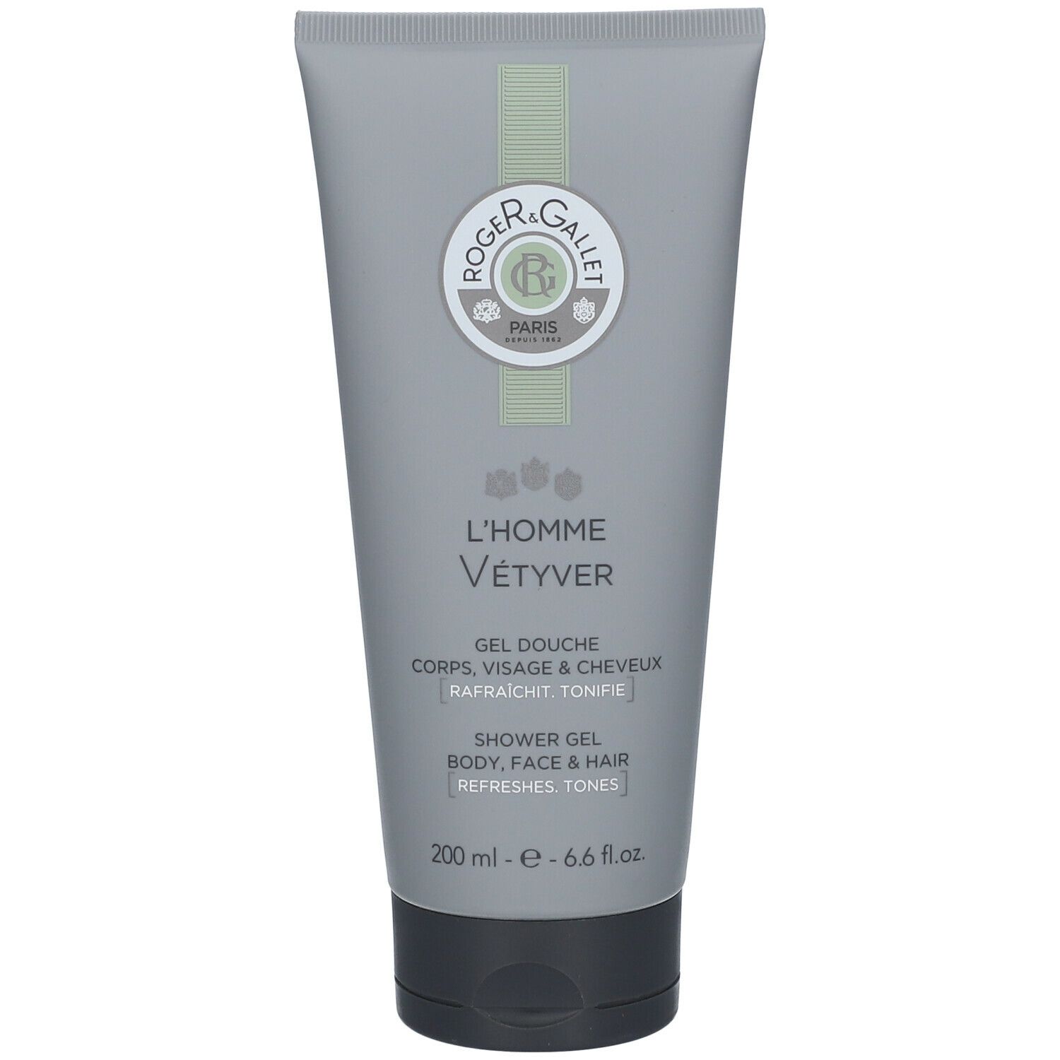 Tube gris avec texte. Inscription : L'Homme Vetyver, Gel Douche, Shower Gel. Marque : Roger & Gallet.
