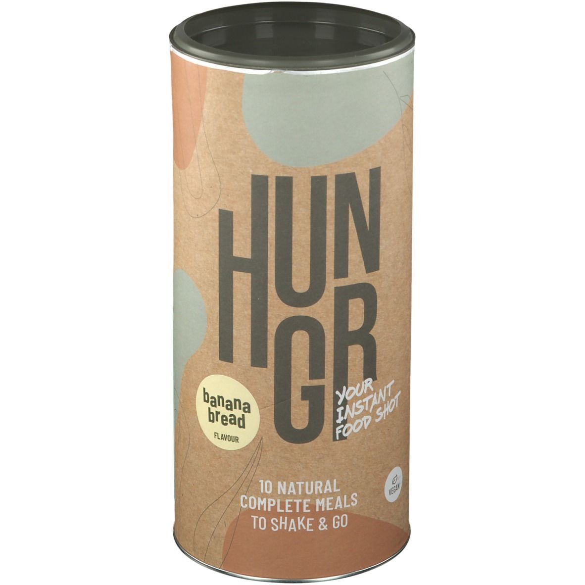 Cilindrische HUNGR-verpakking, banaanbrood smaak. Bevat 10 complete maaltijden. Tekst "Shake & Go".