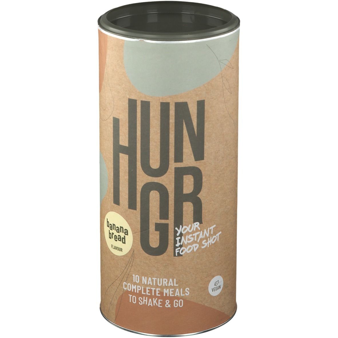 Cilindrische HUNGR-verpakking, banaanbrood smaak. Bevat 10 complete maaltijden. Tekst "Shake & Go".