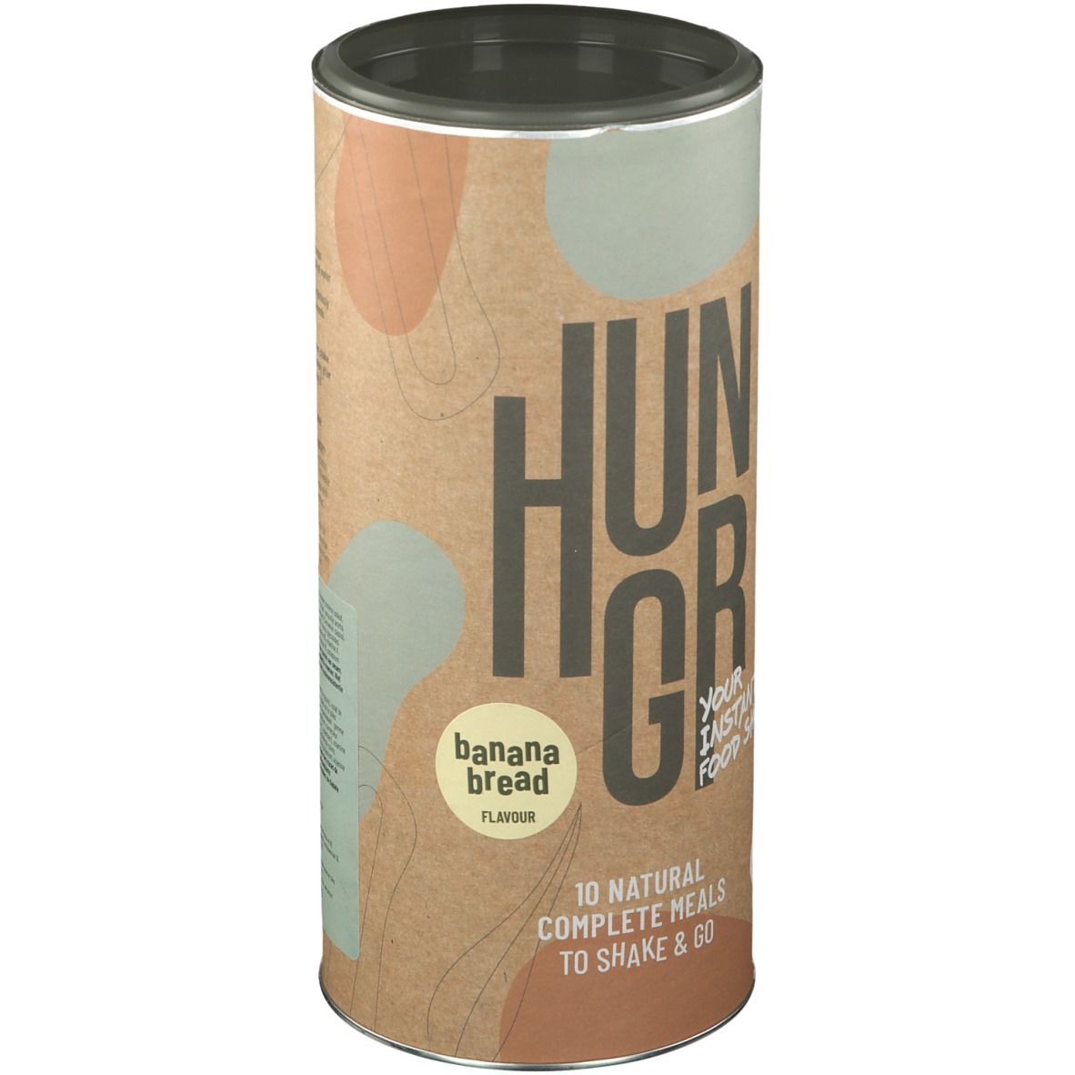 Cilindrische HUNGR-verpakking, banaanbrood smaak. Bevat 10 complete maaltijden. Tekst "Shake & Go".