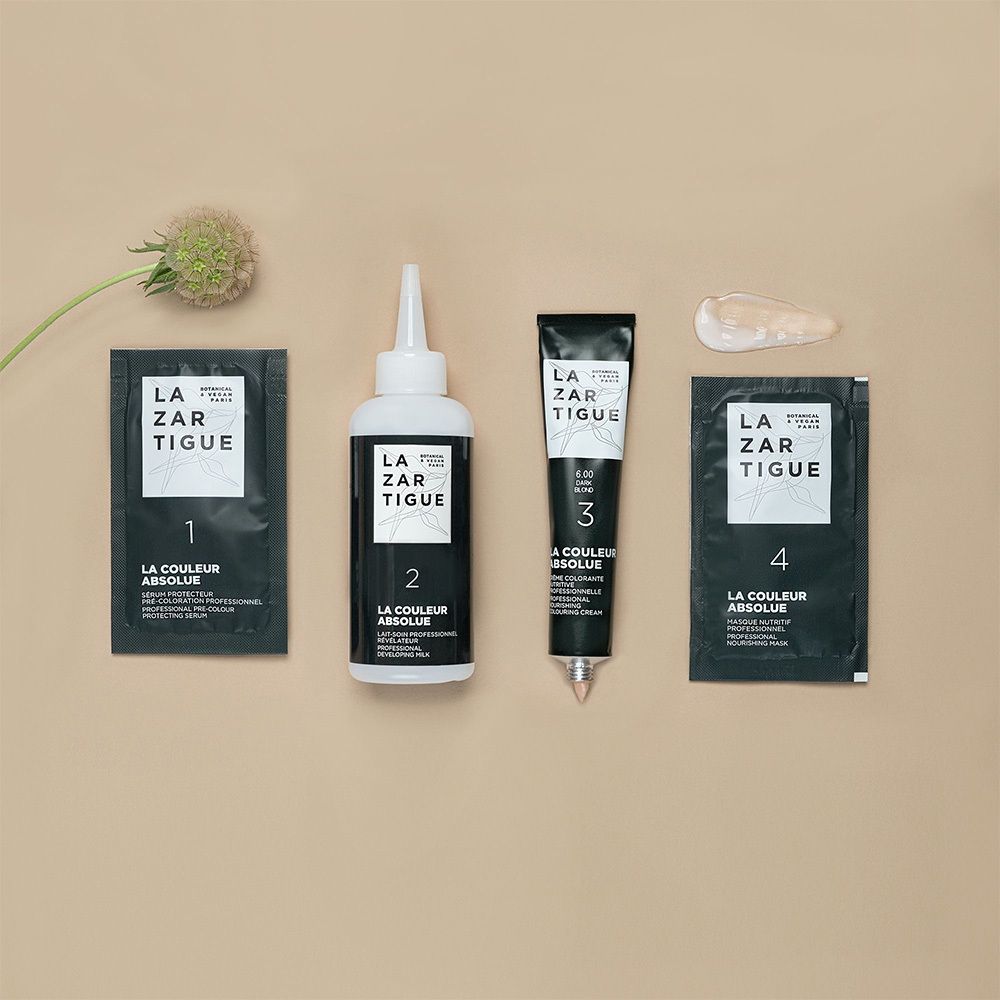 Produkt-Set LAZARTIGUE La Couleur Absolue. Enthält Flasche, Tube, Beutel und Creme.