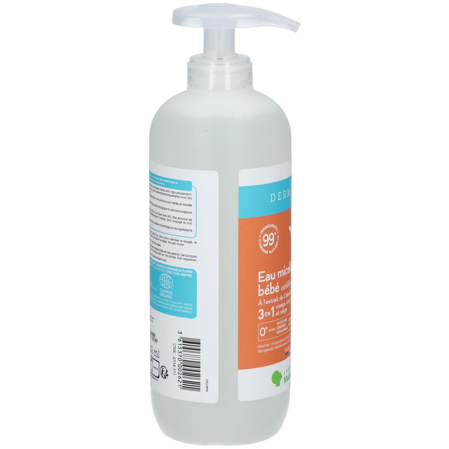Flacon pompe. Dos avec informations produit. Marque: DermAsens. Certification bio.