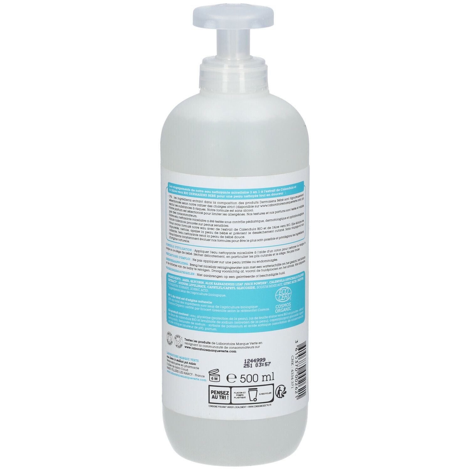 Flacon pompe. Dos avec informations produit. Volume: 500 ml. Certification bio.