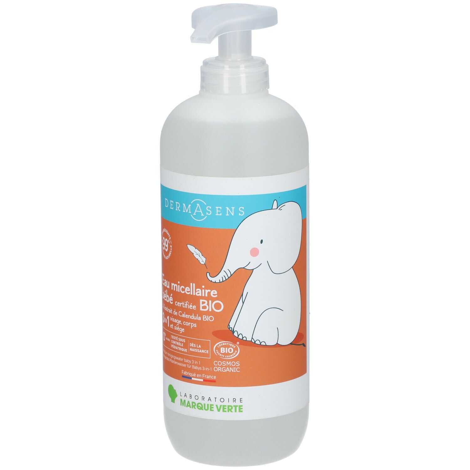 Flacon pompe. Étiquette avec informations produit et illustration d'éléphant. Marque: DermAsens.