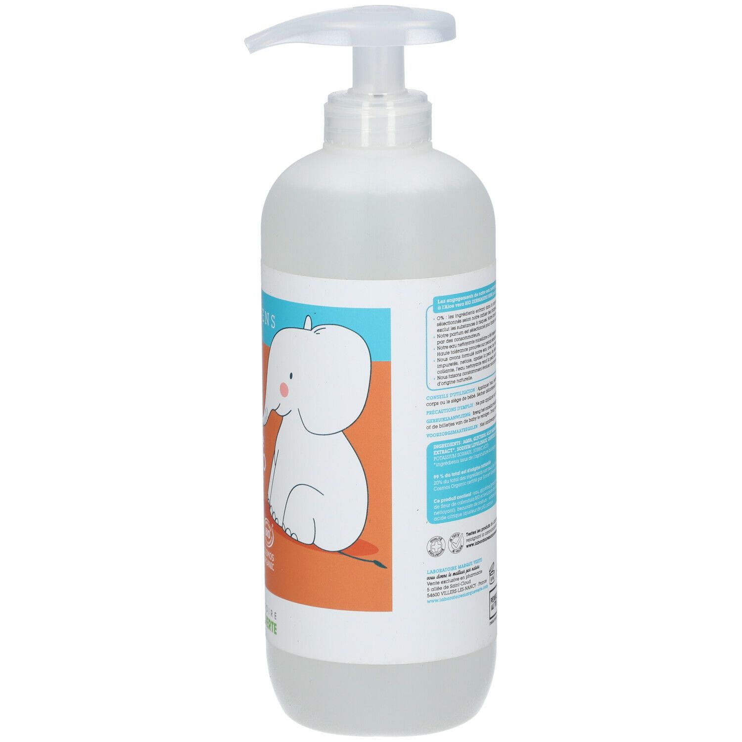 Flacon pompe. Côté avec informations produit et illustration d'éléphant. Marque: DermAsens.