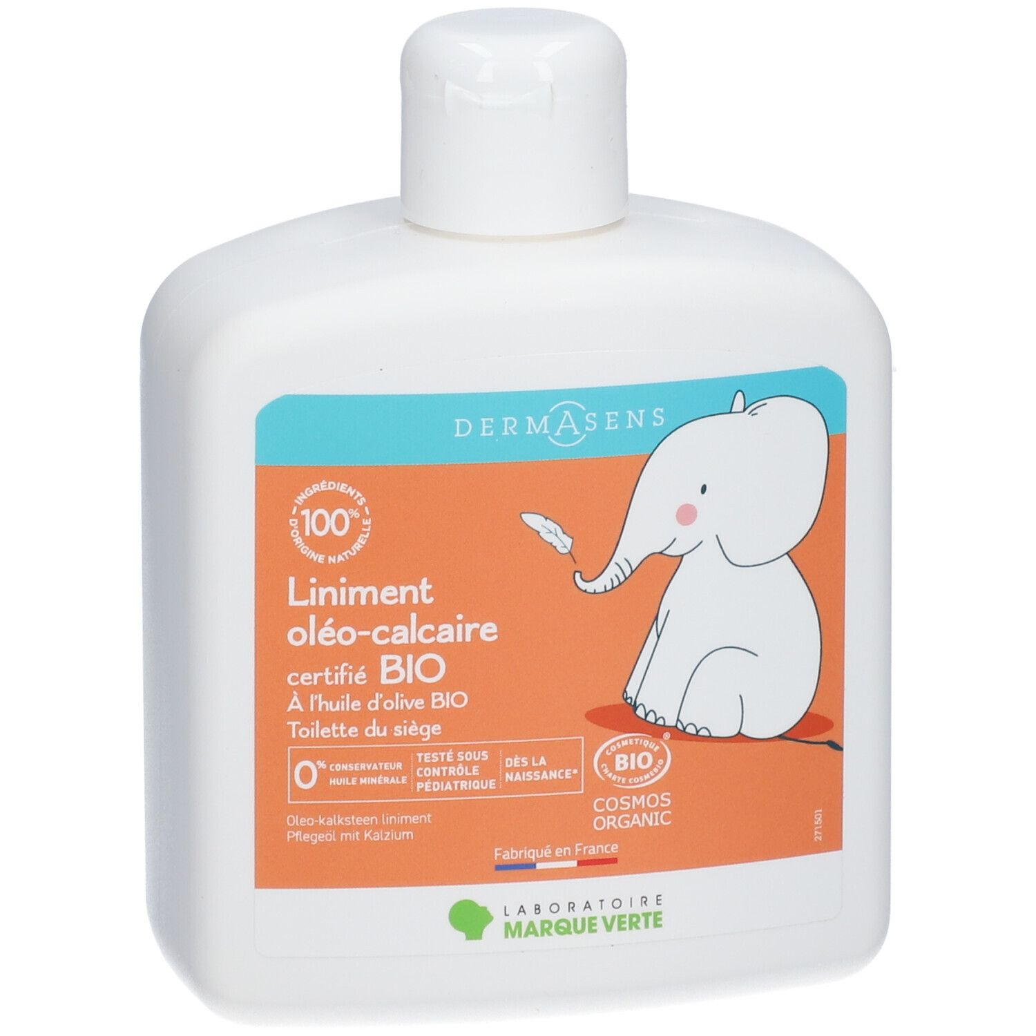 Flacon blanc avec étiquette bleu-orange. Inscription : Liniment oléo-calcaire certifié BIO. Illustration d'un éléphant.