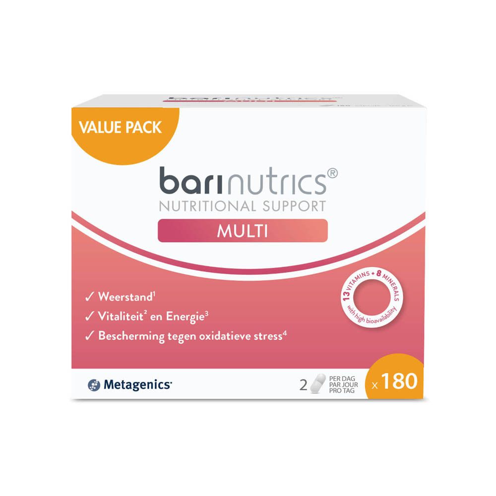 Voorkant van de BariNutrics Multi verpakking. Witte doos met productnaam en info. Bevat 180 capsules.