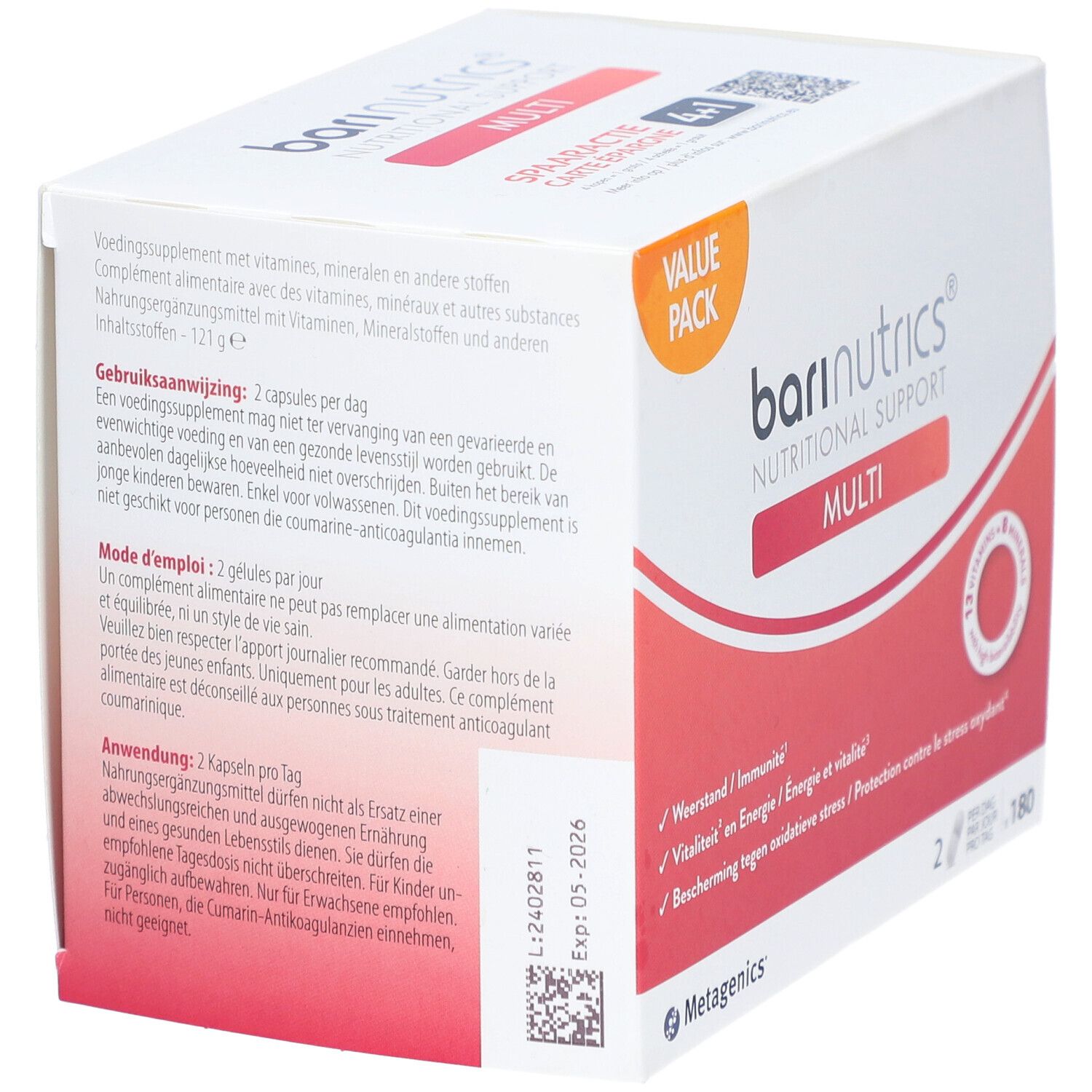 Verpakking van BariNutrics Multi. Gebruiksinfo en ingrediënten. Houdbaar tot 05-2026.
