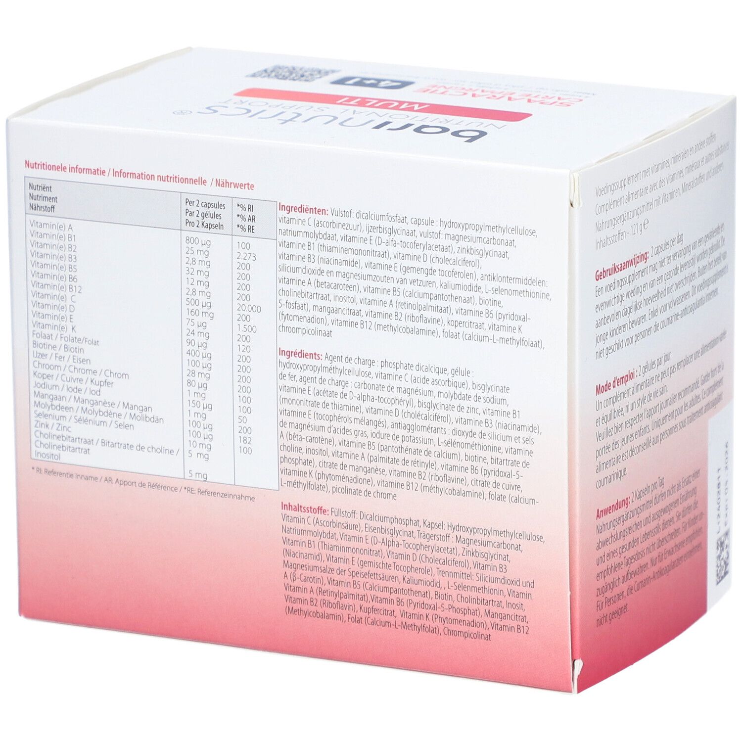 Voedingstabel van BariNutrics Multi. Lijst van vitaminen en mineralen per 2 capsules. Bevat zoetstoffen.