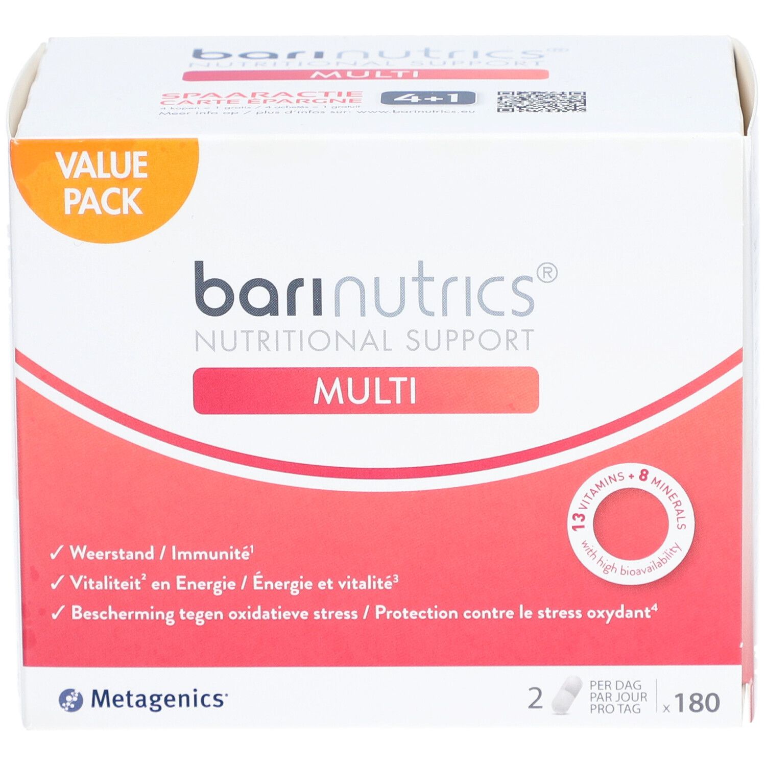Voorkant van de BariNutrics Multi verpakking. Witte doos met productnaam en info. Bevat 180 capsules.