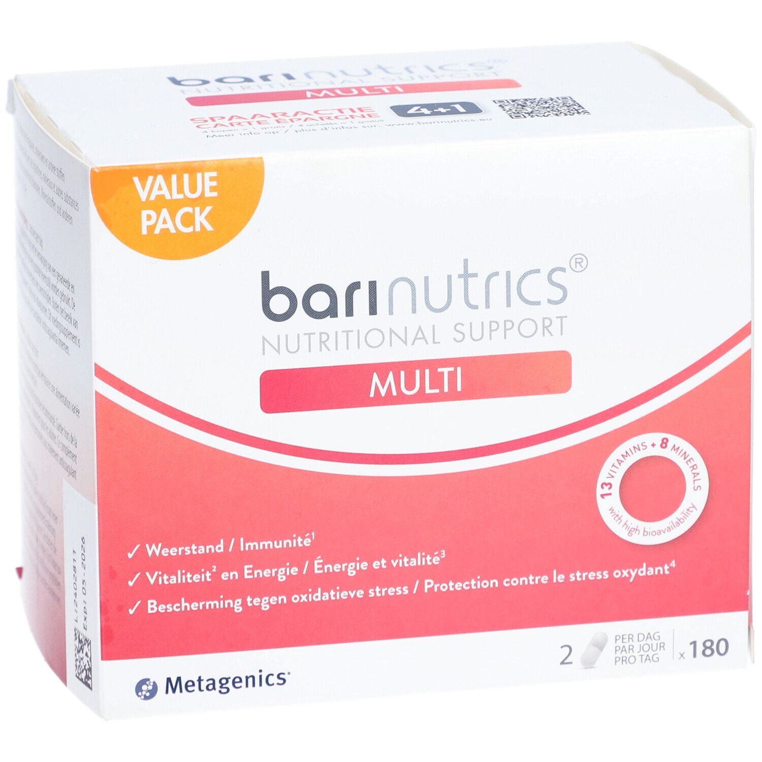Verpakking van BariNutrics Multi. Gebruiksinfo en ingrediënten. Houdbaar tot 05-2026.