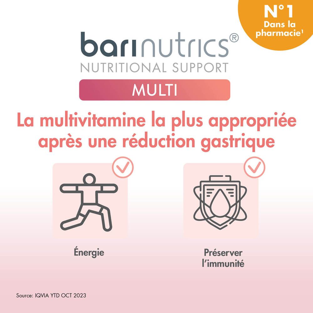 Publicité pour BariNutrics Multi. Montre des symboles d'énergie et d'immunité. Texte: La multivitamine la plus appropriée après une réduction gastrique.