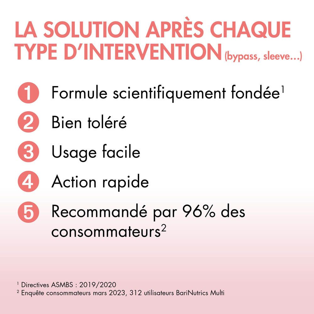 Informations sur BariNutrics Multi. Montre des avantages tels qu'une action rapide et la recommandation des consommateurs.