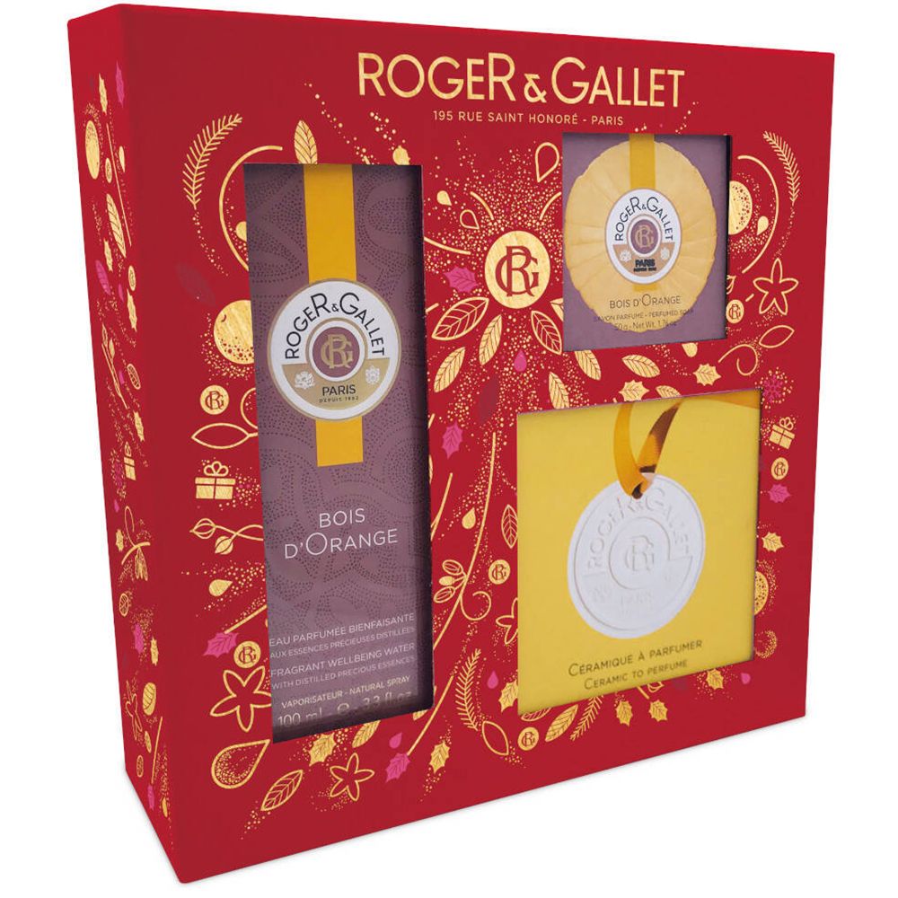 Rode geschenkverpakking Roger & Gallet Bois d'Orange. Bevat fles, zeep en keramiek hanger. Gouden decoratie.