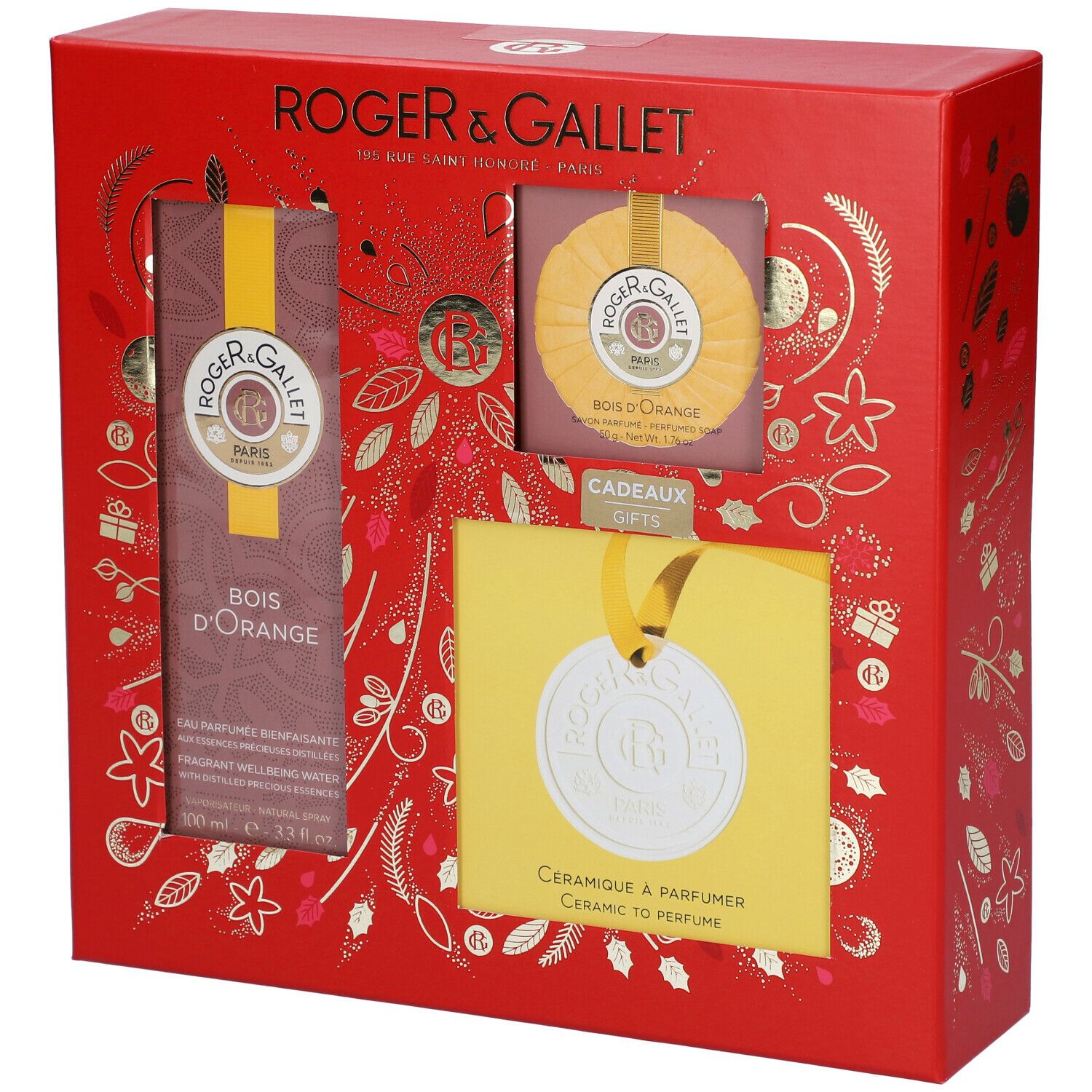 Rode geschenkverpakking Roger & Gallet Bois d'Orange. Bevat fles, zeep en keramiek hanger. Gouden decoratie.