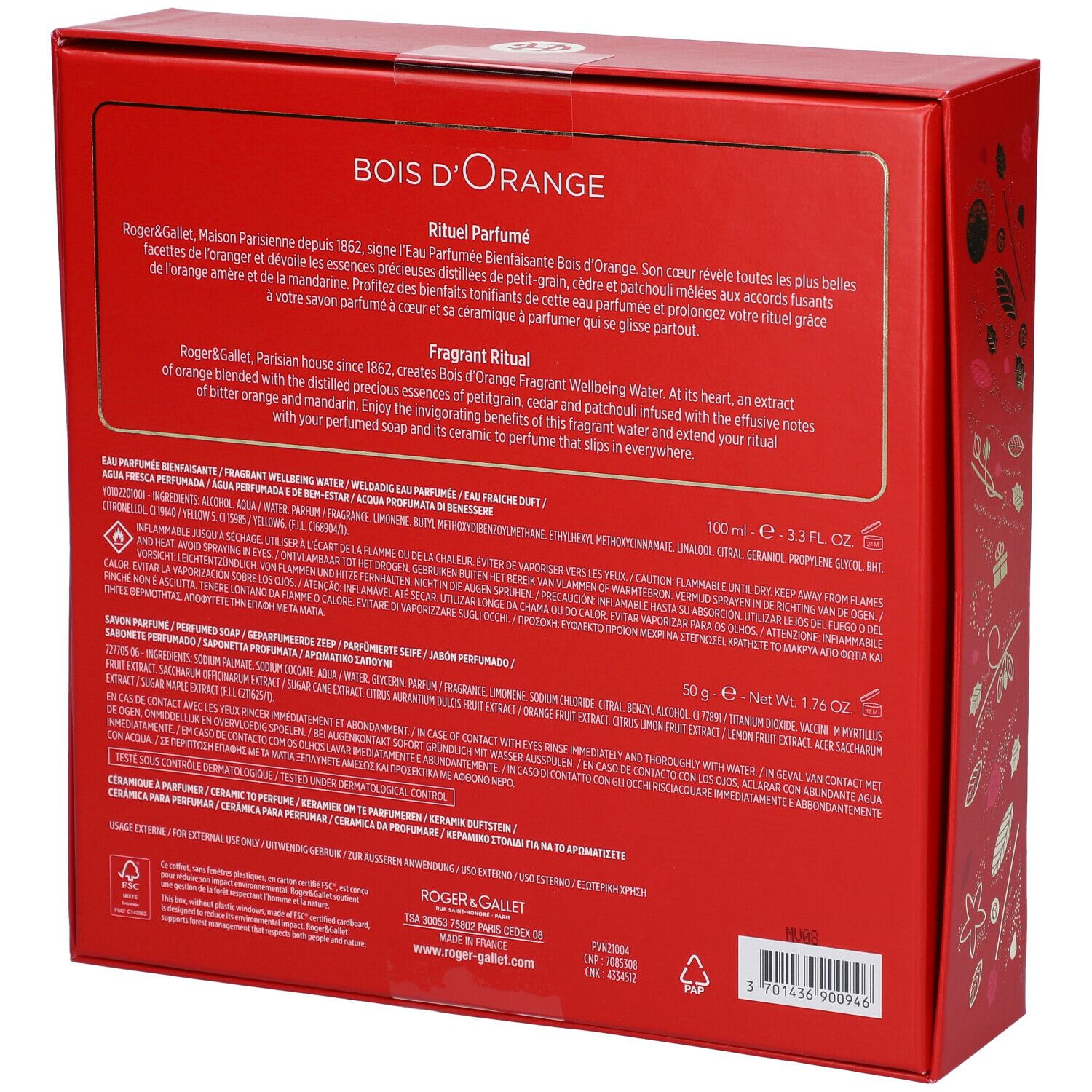 Achterkant van de rode geschenkverpakking Roger & Gallet Bois d'Orange. Tekst met productinformatie en ingrediënten.