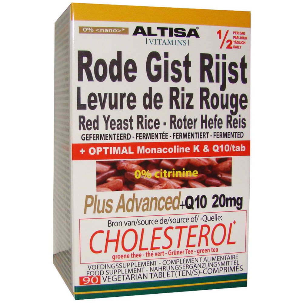 Verpakking van Altisa Levure de Riz Rouge. Tekst: Rode Gist Rijst, Levure de Riz Rouge, Red Yeast Rice. Bevat Q10 en groene thee.