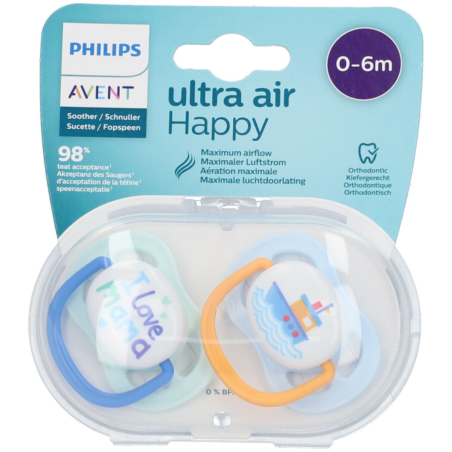 Philips Avent Ultra Air Happy Schnuller 0-6 Monate, Mama blau/gelb