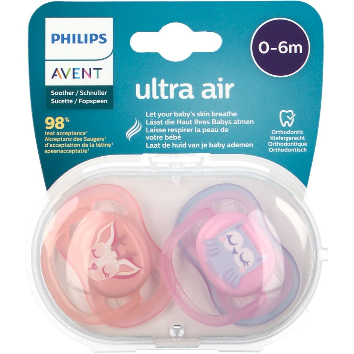 Avent Ultra Air Fopspeen Berry Girl 0-6 Maanden Scf085/02 2 St Schnuller