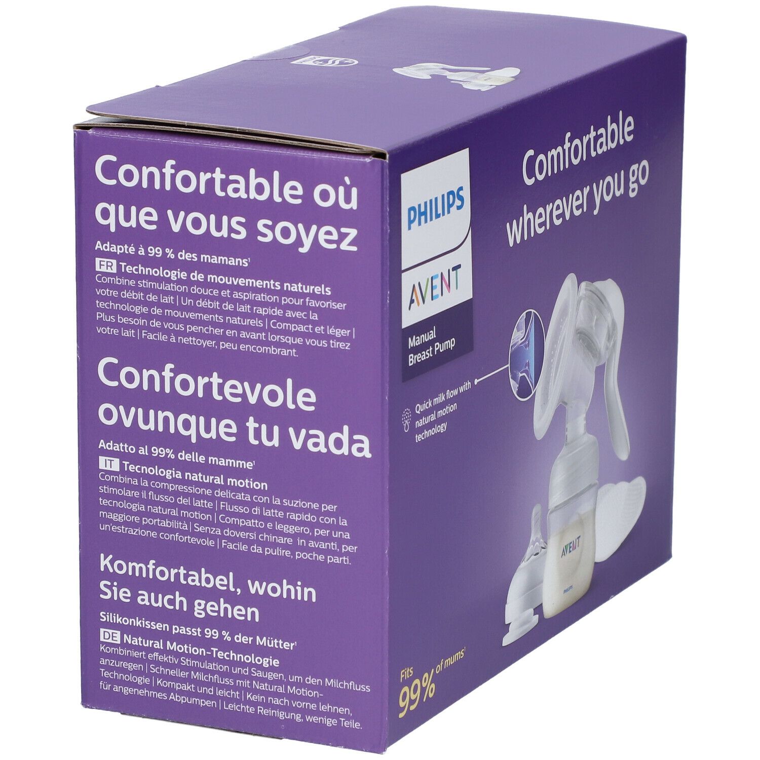 Verpakking van de AVENT handkolf met fles. Paarse doos met productafbeelding en tekst in meerdere talen.