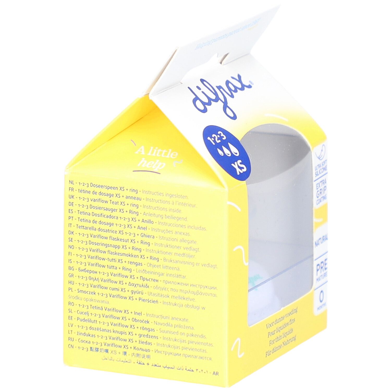 Geöffnete Verpackung mit Sauger. Marke Difrax, Modell 1-2-3 XS. Gelb-weißes Design. Mehrsprachiger Text.