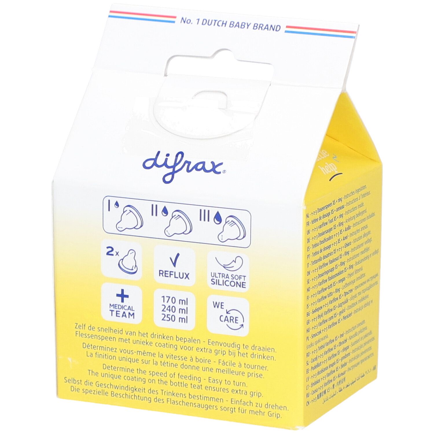 Rückseite der Verpackung. Marke Difrax. Grafiken zu Reflux, Silikon und Dosierung. Text in mehreren Sprachen.