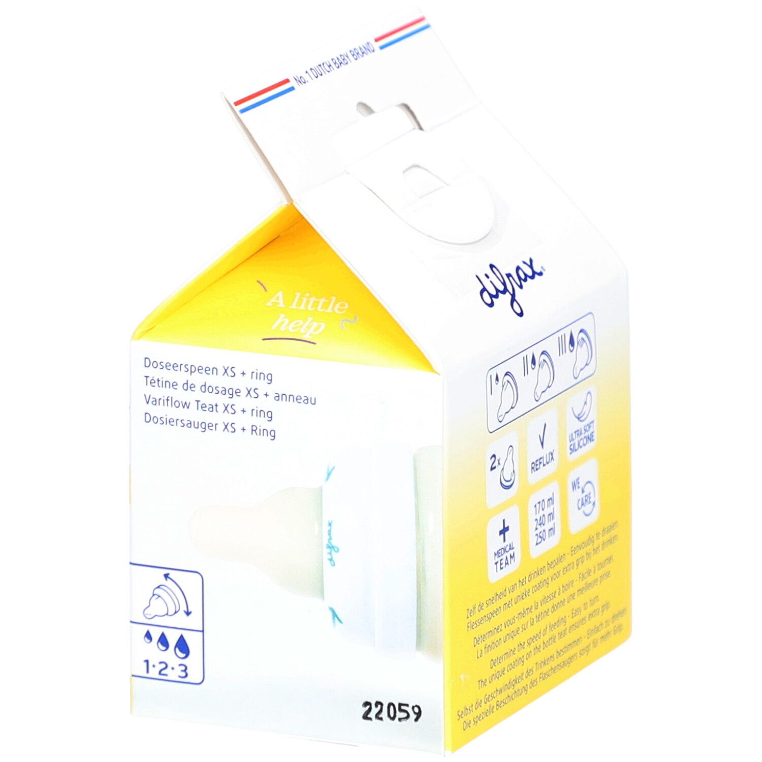 Geöffnete Verpackung mit Sauger. Marke Difrax. Gelb-weißes Design. Text: Dosierspeen XS + Ring.